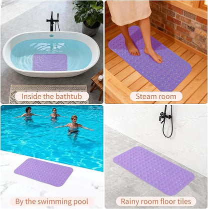 Anti-Slip Bathtub Shower mat, 27.5×14.5（Approximately 70×37cm） inch Soft Oversized Machine Washable Non-Slip Bathtub mat with Drainage Holes, Bathroom Floor Suction Cup.（1- Clear Purple）