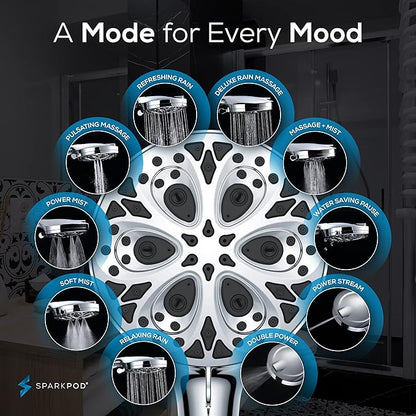 SparkPod 10-Mode Handheld Shower Head with Hose - 5" High Pressure Shower Head with Handheld Touch-to-Clean Nozzles, Built-In Power Jet, Stainless Steel 6ft Hose & Bracket (Polished Chrome)