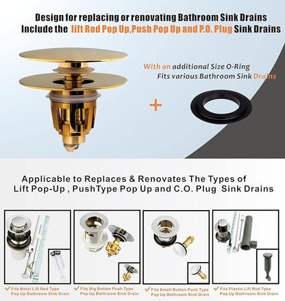 Artiwell Universal Bathroom Sink Drain Stopper, Fits Most Pop-Up Drains for Vessel Sink Lavatory Vanity, Sink Drain Strainer with Detachable Hair Catcher, Tested by Plumber in US (Brushed Gold)