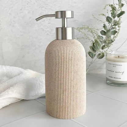 Lunestella Elegant Boho Beige Hand Soap Dispenser with Stainless Steel Pump, for Bathroom and Kitchen, Rust Proof, 7oz