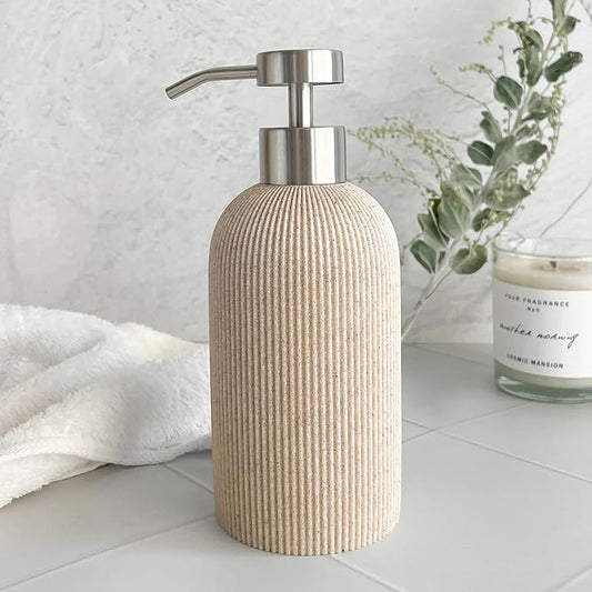 Lunestella Elegant Boho Beige Hand Soap Dispenser with Stainless Steel Pump, for Bathroom and Kitchen, Rust Proof, 7oz