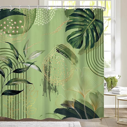 Sage Green Boho Shower Curtain 72Wx72H Abstract Mid Century Tropical Palm Leaves Gold Plant Geometric Minimalist Botanical Bathroom Decor Modern Bath Curtain Fabric Polyester 12 Pack Hooks