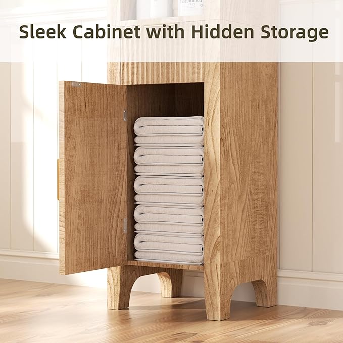 64.2" Arched Bathroom Storage Cabinet with 3 Shelves, Drawer, and Hidden Compartment – Modern Oak Storage Unit for Bathroom, Entryway, Living Room
