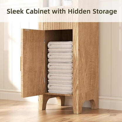 64.2" Arched Bathroom Storage Cabinet with 3 Shelves, Drawer, and Hidden Compartment – Modern Oak Storage Unit for Bathroom, Entryway, Living Room
