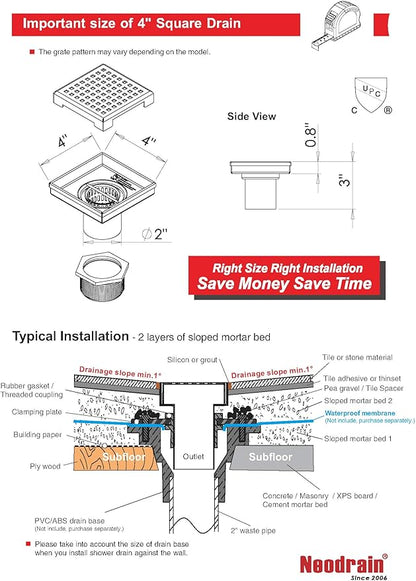 Neodrain 4-Inch Square Shower Drain with Removable Quadrato Pattern Grate, PVC Shower Drain Base and Rubber Gasket for Bathroom Floor Drain, Brushed 304 Stainless Steel, Includes Hair Strainer