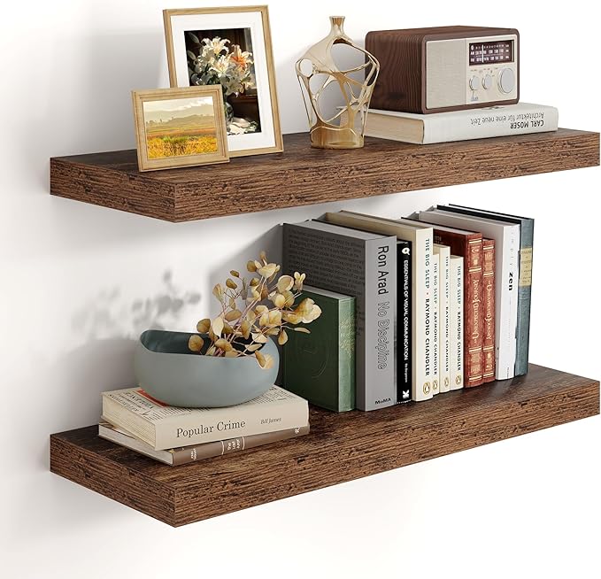Heimlove 24 inch Floating Shelves for Wall,9.3 inch deep Brown Bathroom Over Toilet Shelf,Wall Mounted Rustic Wood Shelves for,Bedroom,Living Room,Kitchen,Office Decor Set of 2-Brown