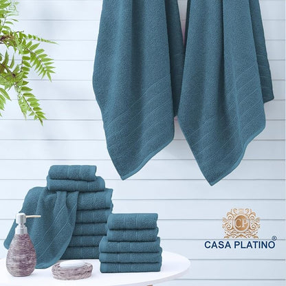 Casa Platino 100% Cotton Bathroom Towels Set - 24 Pcs - Ring Spun, Quick Dry, Soft & Absorbent - 2 Bath Sheets, 2 Gym, 2 Bath, 4 Fingertip, 6 Hand Towels, 8 Washcloths - Medium GSM - Steel Blue