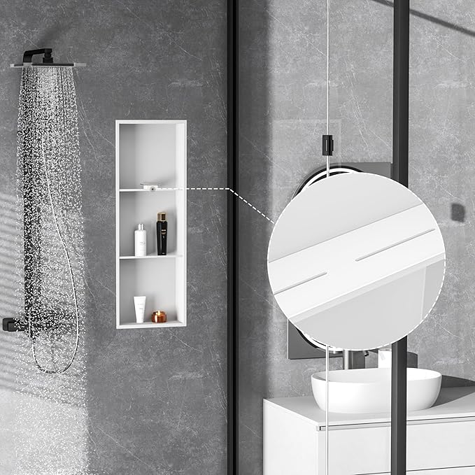 Neodrain 12X36 Inch Shower Niche, White 3-Tier Stainless Cubby NO Tile Needed Recessed Niche Shower for Bathroom Storage, Waterproof Wall Shelf