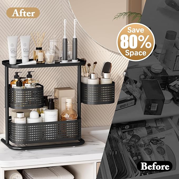KINGRACK Bathroom Counter Organizer, 3 Tier Rotating Vanity Bedroom Storage cabinet, Cosmetic Holder Standing Shelf, Bathroom Tray for Countertop Storage, Kitchen Spice Rack, Black