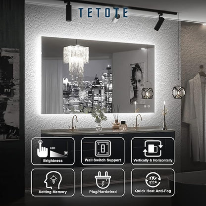 TETOTE 40 x 24 LED Backlit Vanity Mirror Bathroom,3Color White/Warm/Natural,Anti-Fog Lighted Mirror,Dimmable,Wall Mounted