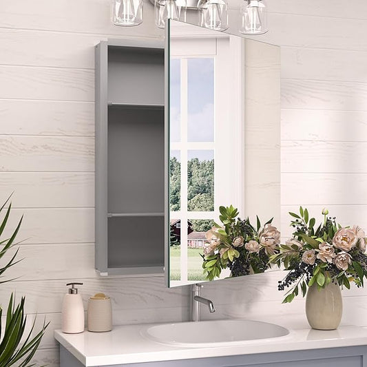 TokeShimi 20.1x26.1 Recessed Medicine Cabinet with Mirror Aluminum, Assembly Needed, Frameless, Stepless Adjustable Storage, Silver Medicine Cabinet Mirror