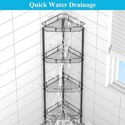 4 Tier Floor Standing Corner Shower Caddy Organizer Shelf with Hooks, Bathroom Shelves Stand Rack, Black