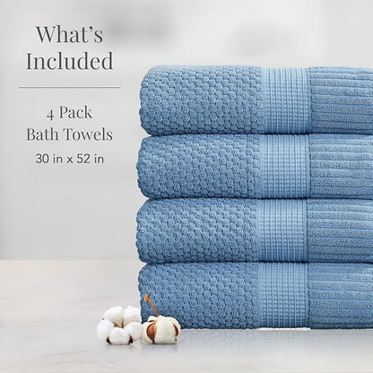 NY Loft 100% Cotton Bath Towel 4 Pack | Super Soft & Absorbent Quick-Dry Bath Towels 30" x 52" |Textured and Durable Cotton | Trinity Collection (4 Pack Bath Towel, Blue Shadow)