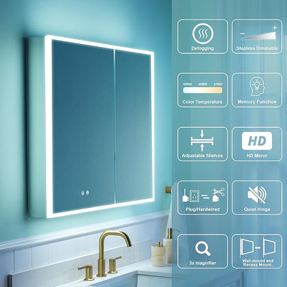 WELLFOR 30" X 30" Medicine Cabinet with Lights, 3X Magnification, Anti-Fog Mirrored Cabinet, Bathroom Vanity Medicine Cabinet with Outlets & USB Ports, Double Doors