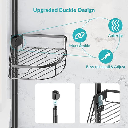 Shower Caddy Tension Pole, 4-Tier Adjustable Corner Shower Standing Caddy, Rustproof Rack for Bathroom Bathtub, with 4 Shelves, No Drilling Corner Bathroom Shelf for Inside (Black)