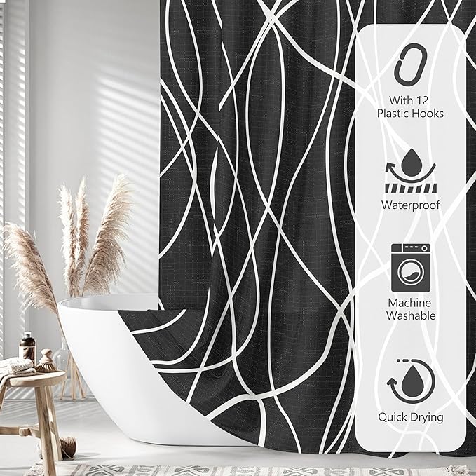 Tititex Morden 140gms Faux Linen Bath Shower Curtain Set Textured Fabric with Black White Curve Pattern 72x72 Inch Water Resistant Bathroom Curtains, Weighted Hem & Hooks for Home/Hotel