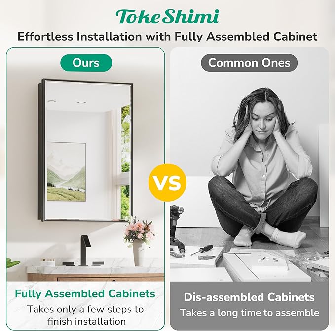 TokeShimi 60x30 Recessed Medicine Cabinet with Mirror, Black Medicine Cabinet Mirrored Aluminum Alloy, Wall Mounted Metal Beveled Mirror with Storage for Bathroom Vanity