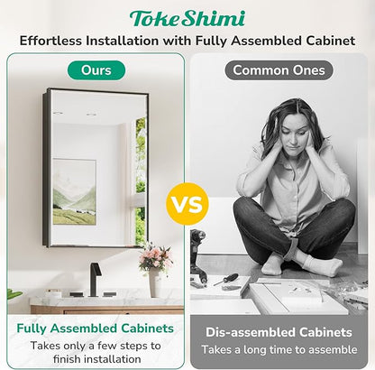 TokeShimi 24x26 Recessed Medicine Cabinet with Mirror Wall Mounted, Metal Beveled Mirror with Storage for Bathroom Vanity, Aluminum Alloy Medicine Cabinet Mirrored Black