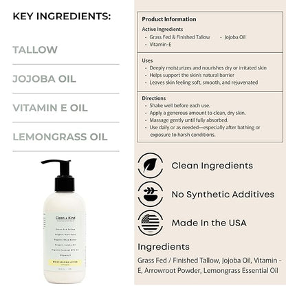 Daily Moisturizing Lotion – Tallow Body Lotion with Aloe Vera, Shea Butter, Jojoba Oil, MCT Oil & Vitamin E – Deep Hydration for Dry, Rough, Sensitive Skin (8 oz, Lemongrass)