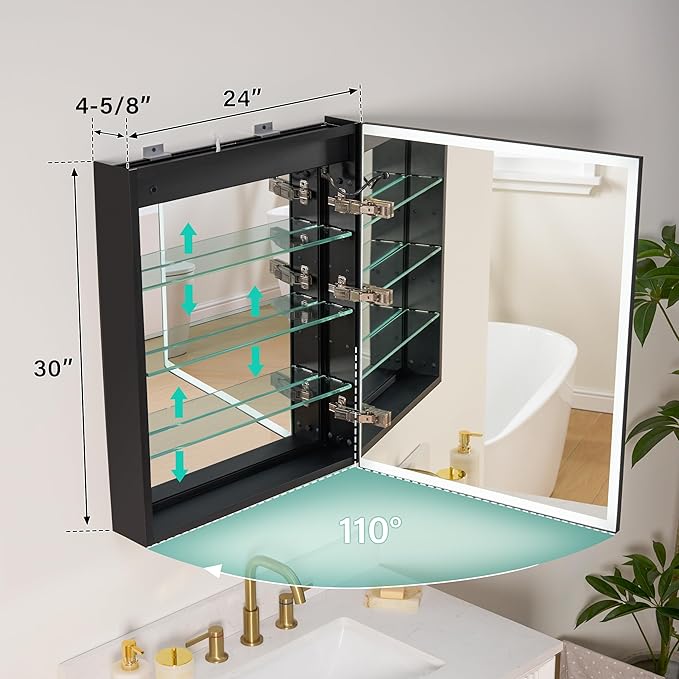 WELLFOR 24" X 30" LED Mirrored Medicine Cabinet, Medicine Cabinets with Lights for Bathroom, Defogging Mirror, Led Medicine Cabinet, Recessed or Surface Mounted, Single Right Opening Door