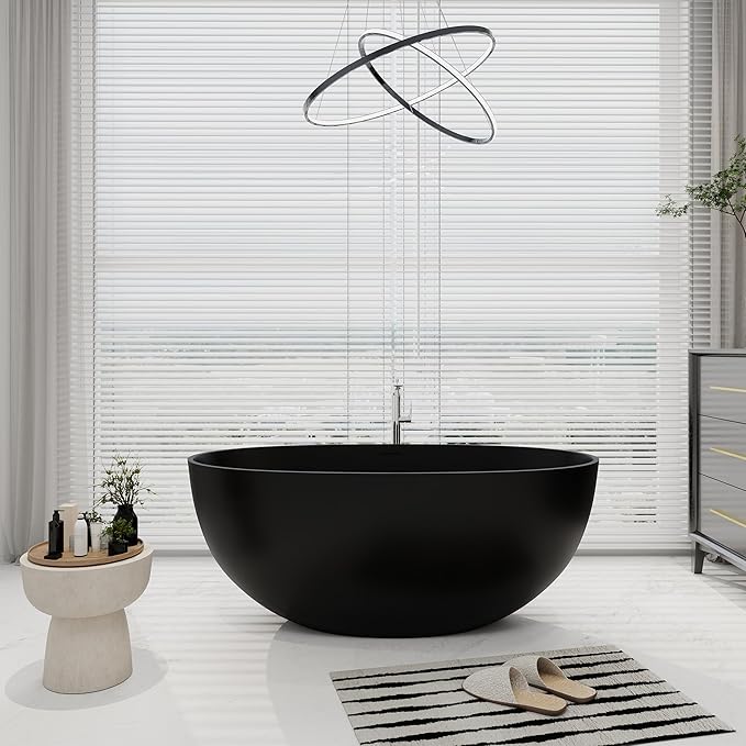 SJ STAR&JANE 55" Solid Surface Freestanding Bathtub, Stone Resin Oval Soaking Tub Matte Black Stand Alone Tub with Overflow and Pop-up Drain for Bathroom