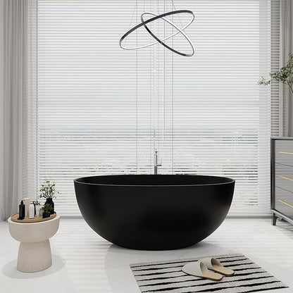 SJ STAR&JANE 55" Solid Surface Freestanding Bathtub, Stone Resin Oval Soaking Tub Matte Black Stand Alone Tub with Overflow and Pop-up Drain for Bathroom