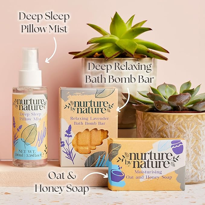 NURTURE BY NATURE Relax & Calm Christmas Gift Basket – Spa Gifts for Women with Bath Bomb, Hand Cream, Lavender Pillow Mist & Scented Candle - Stocking Stuffers, Holiday Gifts, Gifts for Mom