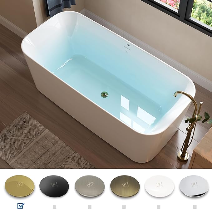 FerdY Maui 67" Acrylic Freestanding Bathtub, Contemporary Elegant Design Soaking Tub with Polished Gold Drain and Minimalist Linear Design Overflow, Easy to Install