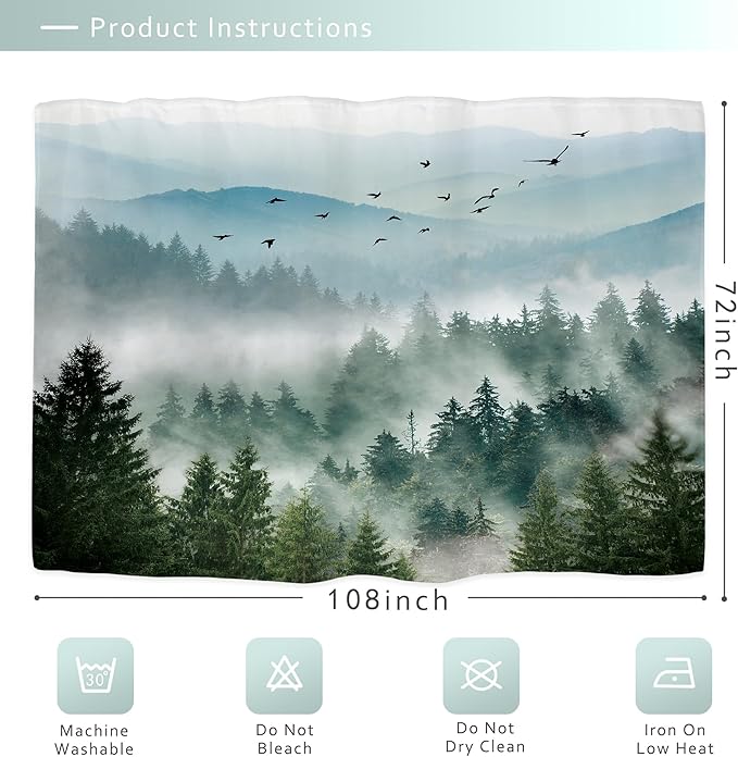 Riyidecor Extra Wide Green Mountain Shower Curtain 108Wx72H Inch Rustic Nature Scenery Foggy Pine Tree Landscape Woodland Natural Botanical Bathroom Decor Fabric Polyester Waterproof 18 Metal Hooks