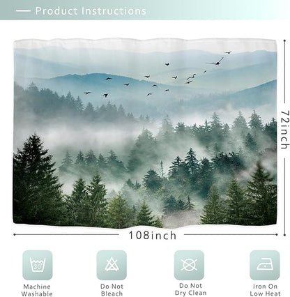 Riyidecor Extra Wide Green Mountain Shower Curtain 108Wx72H Inch Rustic Nature Scenery Foggy Pine Tree Landscape Woodland Natural Botanical Bathroom Decor Fabric Polyester Waterproof 18 Metal Hooks