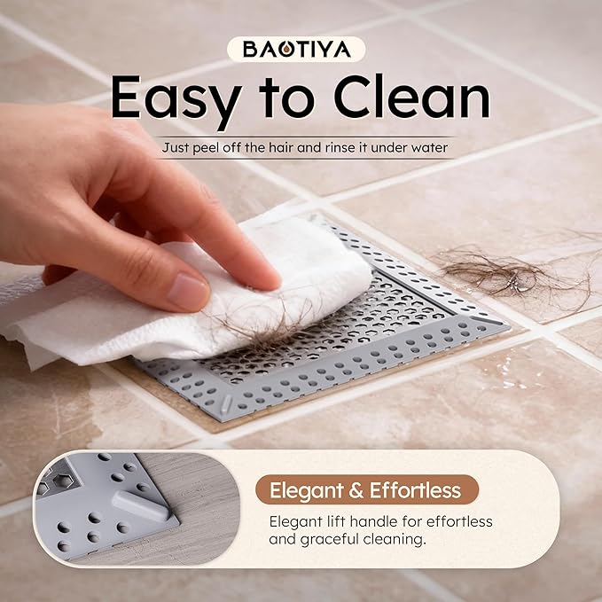 Not Moving Shower Drain Hair Catcher,Effective Hair Catcher Shower Drain,Square Flat Shower Drain Cover Protector Filter,Efficient Drainage,Hair Trap Stopper (Gray, 4 inch)