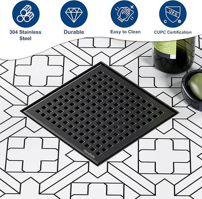 Neodrain 6 Inch Square Shower Drain, 304 Stainless Steel Bathroom Drainage with Removable Quadrato Pattern Grate, PVC Shower Drain Base, Hair Strainer for Bathroom Floor Drains, Matte Black