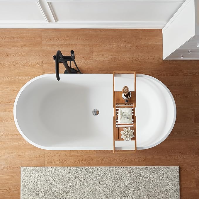 Cpingao 71" Stone Resin Freestanding Bathtub, Contemporary Oval Solid Surface Soaking Stand Alone Tub, Matte White, Drain & Overflow Included 8816-1800