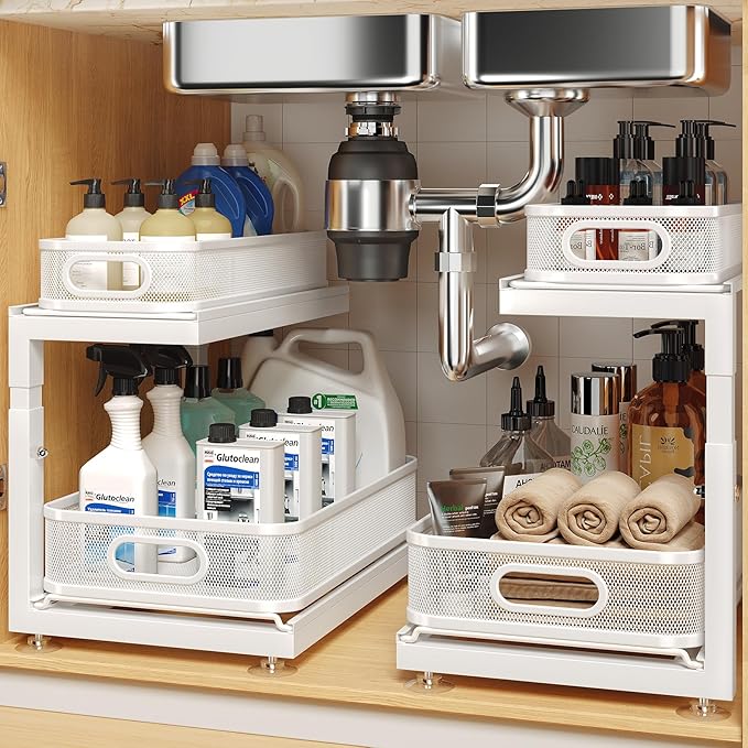 2-Pack Under Sink Storage Organizer with 2-Tier Slide Out Drawer, Sophisticated Mesh Pull Out Shelf for Kitchen & Bathroom, Fits Small Items, Upgraded Arched Track for Smooth Gliding(Patented)