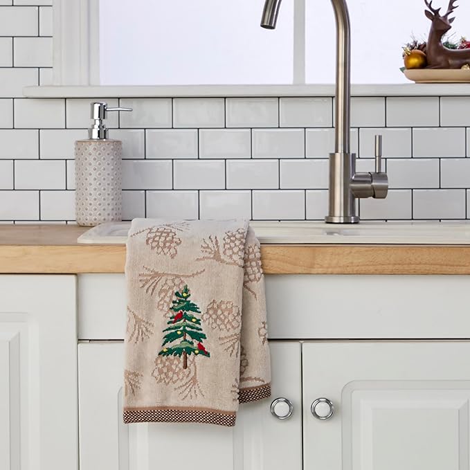 SKL Home Christmas/Winter Seasonal Fir 100% Cotton Embroidered 2pc Hand Towel Set, Decorative Jacquard for Bath/Kitchen/Bar, Wheat