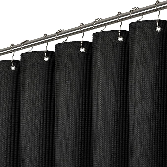 LiBa Waffle Weave Fabric Black Shower Curtain, 72 W x 72 H Water Repellent & Heavyweight, Hotel Quality & Machine Washable Cloth Linen Shower Curtains Set and for Bathroom