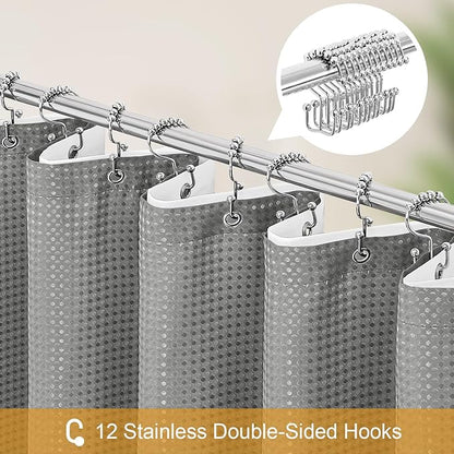 3 in 1 Shower Curtain Set, Grey Waffle Shower Curtain and PEVA Liner Set with 12 Stainless Steel Shower Curtain Hooks, Gray Waterproof Fabric Shower Curtains for Bathroom, 72 W x 72 H
