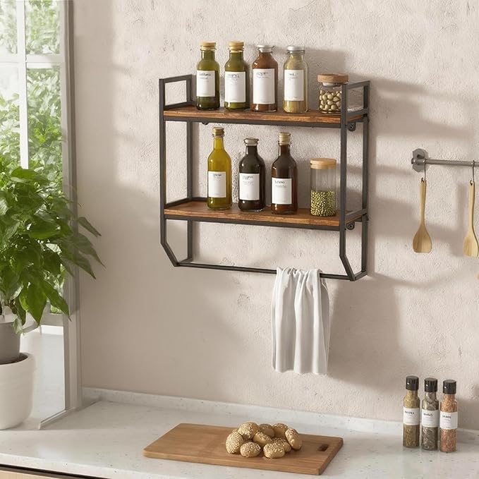 POWERSTONE 2-Tier Bathroom Towel Rack Industrial Wall Mounted Shelf with Towel Bar, Over The Toilet Storage Shelf with Metal Frame for Bathroom Kitchen Laundry Room Rustic Brown