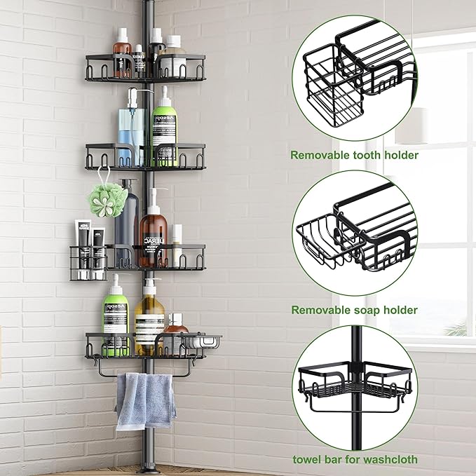 Corner Shower Caddy Tension Pole, 4-Tier Rustproof Bathroom Organizer Storage for Inside Shower Bathtub Shampoo,39 to 113 Inch Adjustable Floor Standing Shelves Black