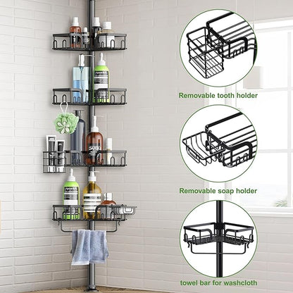 Corner Shower Caddy Tension Pole, 4-Tier Rustproof Bathroom Organizer Storage for Inside Shower Bathtub Shampoo,39 to 113 Inch Adjustable Floor Standing Shelves Black