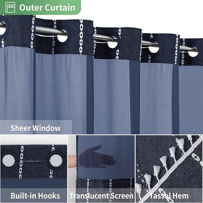 No Hook Long Shower Curtain Set with Snap-in Fabric Liner,Linen Textured Thick Striped Fabric with Tassels,Boho Farmhouse Rustic Luxury Bathroom Curtain,Water-Repellent,Navy Blue,71x80