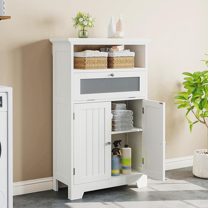 ChooChoo Bathroom Floor Storage Cabinet with Flip Glass Drawer, Freestanding with 2 Doors, Adjustable Shelf & Open Storage for Living Room, Hallway, White