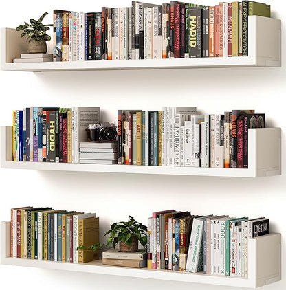 Wall Bookshelf, Set of 3, 36 Inches U Shaped Wall Shelves, Long Deep Floating Shelves, Large Floating Book Shelves - Wood Hanging Bookshelves for Kitchen, Bedroom