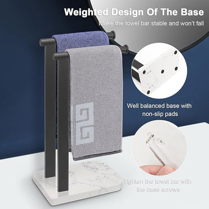 NearMoon Hand Towel Holder with Balanced Marble Base, SUS304 Stainless Steel Stand Towel Ring L Shape Hand Towel Rack Free-Standing Towel Bar for Bathroom Kitchen Countertop (Double Rod, Matte Black)