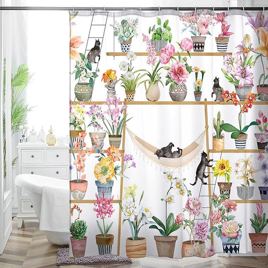 Bohemian Shower Curtain, Boho Floral Print Water Repellent Polyester Fabric for Bathroom Decor, 72×72 Inch Standard Size with 12 Hooks, Also as Room Divider