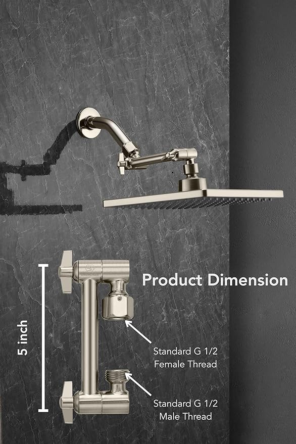 5 Inch Adjustable Shower Head Extension Arm With Locking Set Screw, Singing Rain Brass Nickel Brushed Angle Height Adjustable, Easy To Install, G1/2 Universal Connector Compatible (Nickel Brushed)