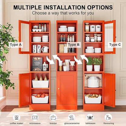 Metal Bathroom Storage Cabinet, Tall Narrow Cabinet with Glass Doors Ajustable Shelves Open Countertop, Slim Sideboard for Small Spaces, Living Room, Kicthen, Dining Room
