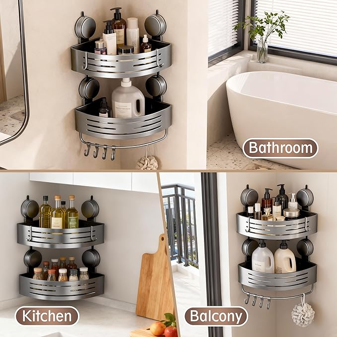 Corner Suction Cup Shower Caddy(2-Pack Gray),No-Drilling Aluminum Shower Shelf with Towel Bar & Hooks,Removable Bathroom and Kitchen Storage Organizer