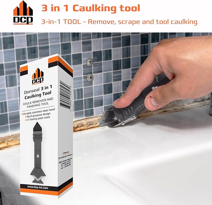DCP Donseal 3 in 1 Caulking Tool Kit – Silicone Caulking Tool for Removal, Scraping & Finishing – Precise Caulk Remover & Applicator with 5 Tooling Pads – Stainless Steel Caulk Scraper for Smooth Seal