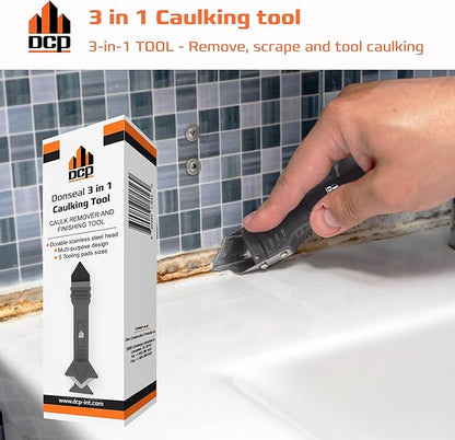 DCP Donseal 3 in 1 Caulking Tool Kit – Silicone Caulking Tool for Removal, Scraping & Finishing – Precise Caulk Remover & Applicator with 5 Tooling Pads – Stainless Steel Caulk Scraper for Smooth Seal